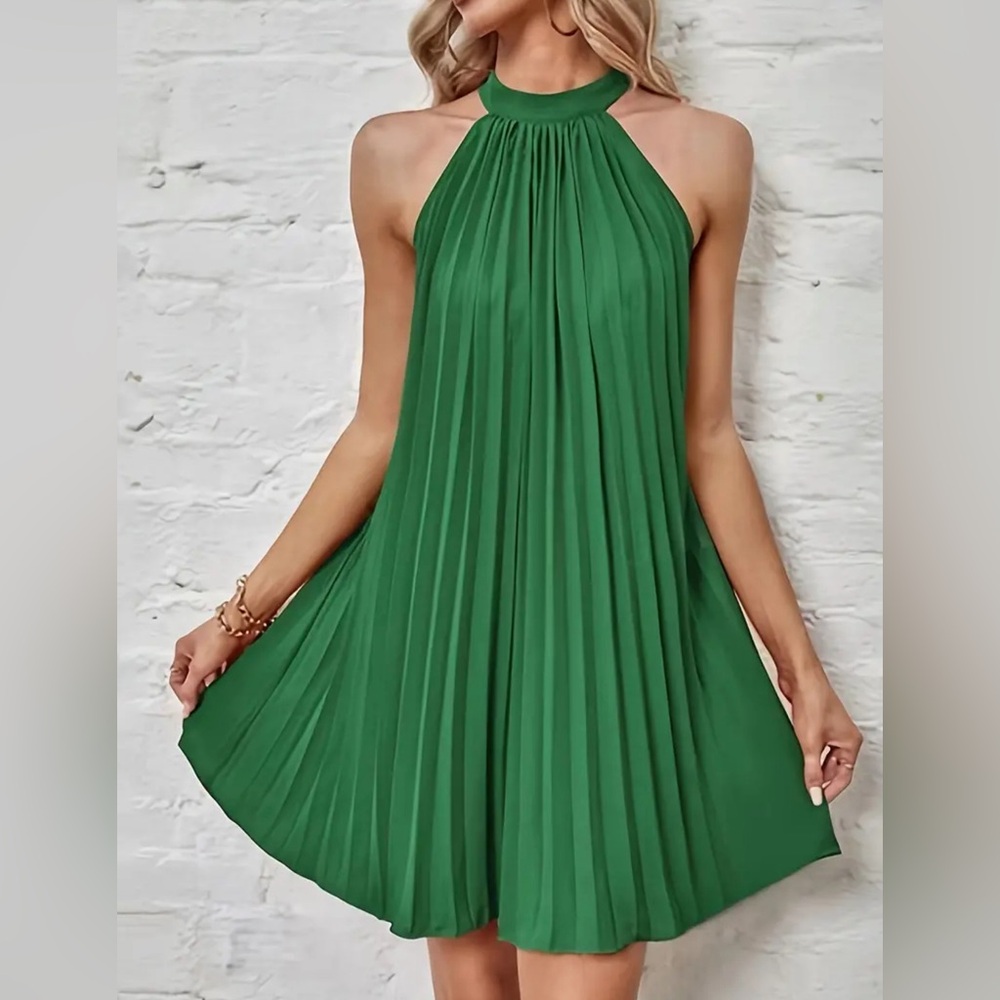 Emerald Elegance Pleated Swing Dress | Women's Sleeveless Mock Neck A-Line